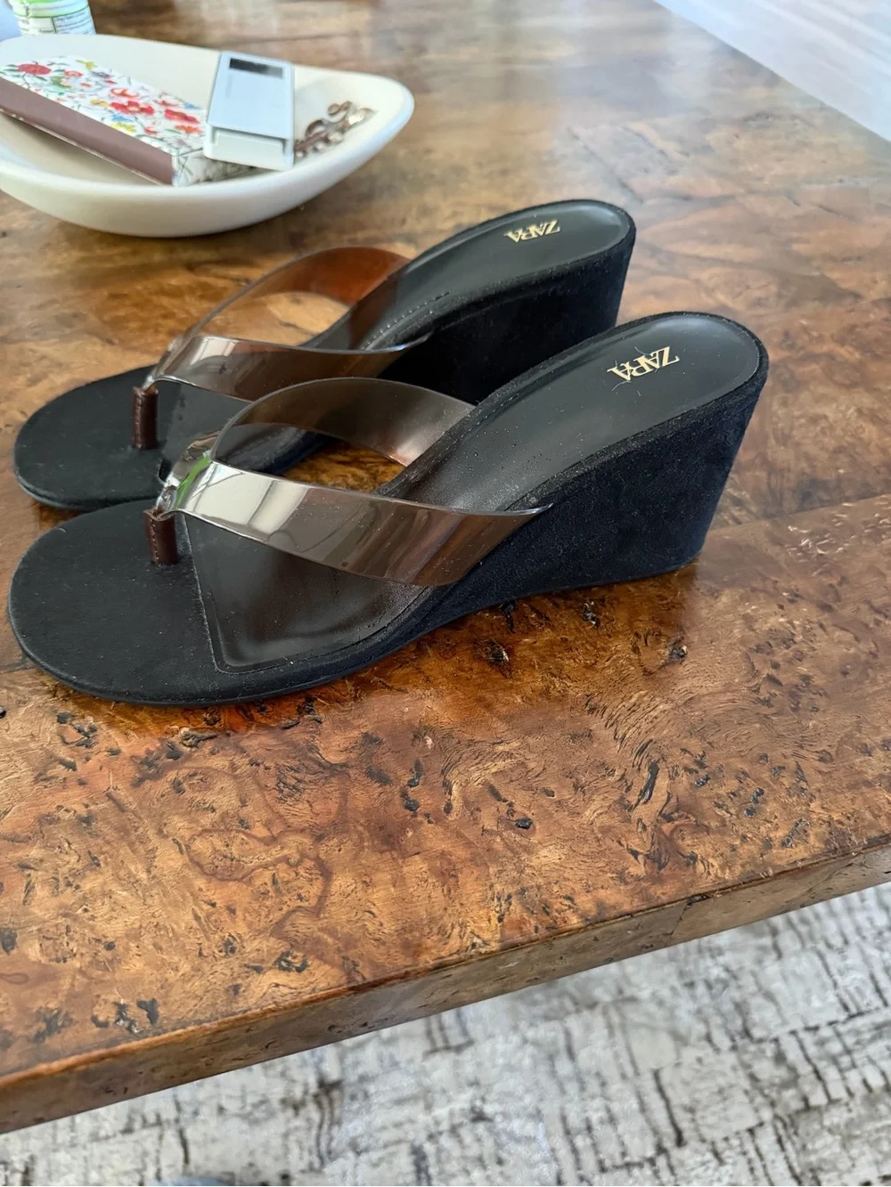 ZARA Black Footbed Clear PVC Wedge Thong Sandals - Picture 2 of 4